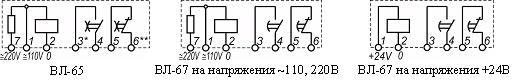Схемы подключений и расположения выводов ВЛ-63, ВЛ-64, ВЛ-65, ВЛ-66, ВЛ-67, ВЛ-68, ВЛ-69 - Реле времени